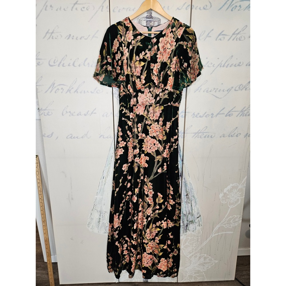 ModCloth Soiree Saunter‎ Maxi Dress S Green Pink Velvet Floral Cottagecore Fairy